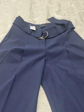 Ann Taylor Navy Wide-Leg Trousers with Gold D-Ring Belt